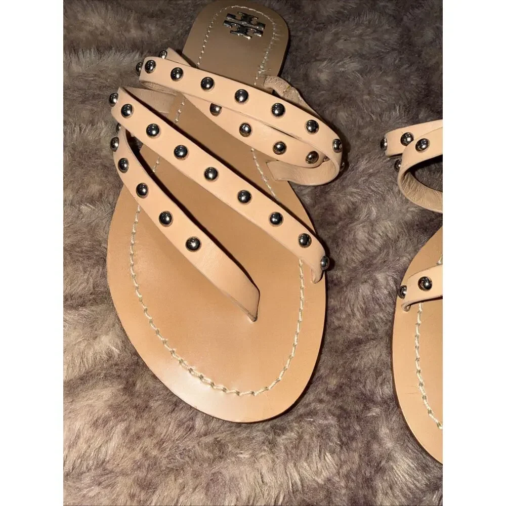 TORY BURCH Patos Studded Sandal SZ 9M Ivory Women LTHR Slide Flat Shoe Beach